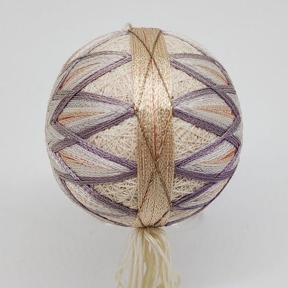Handmade Japanese Temari Embroidered Ball Ornament Geometric Pattern Purple - Picture 3 of 6